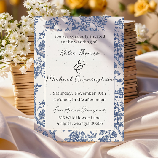 Blue French Toile Plantable Wedding Invitations – 5x7" Floral Border Seed Paper with Wildflower Seeds & Envelopes – Sustainable Wedding Stationery