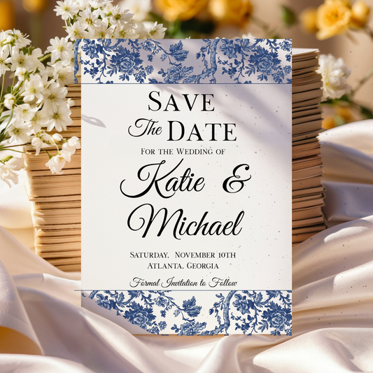 Blue Toile Seed Paper Save the Date – Elegant Plantable Wedding Cards (6x4")