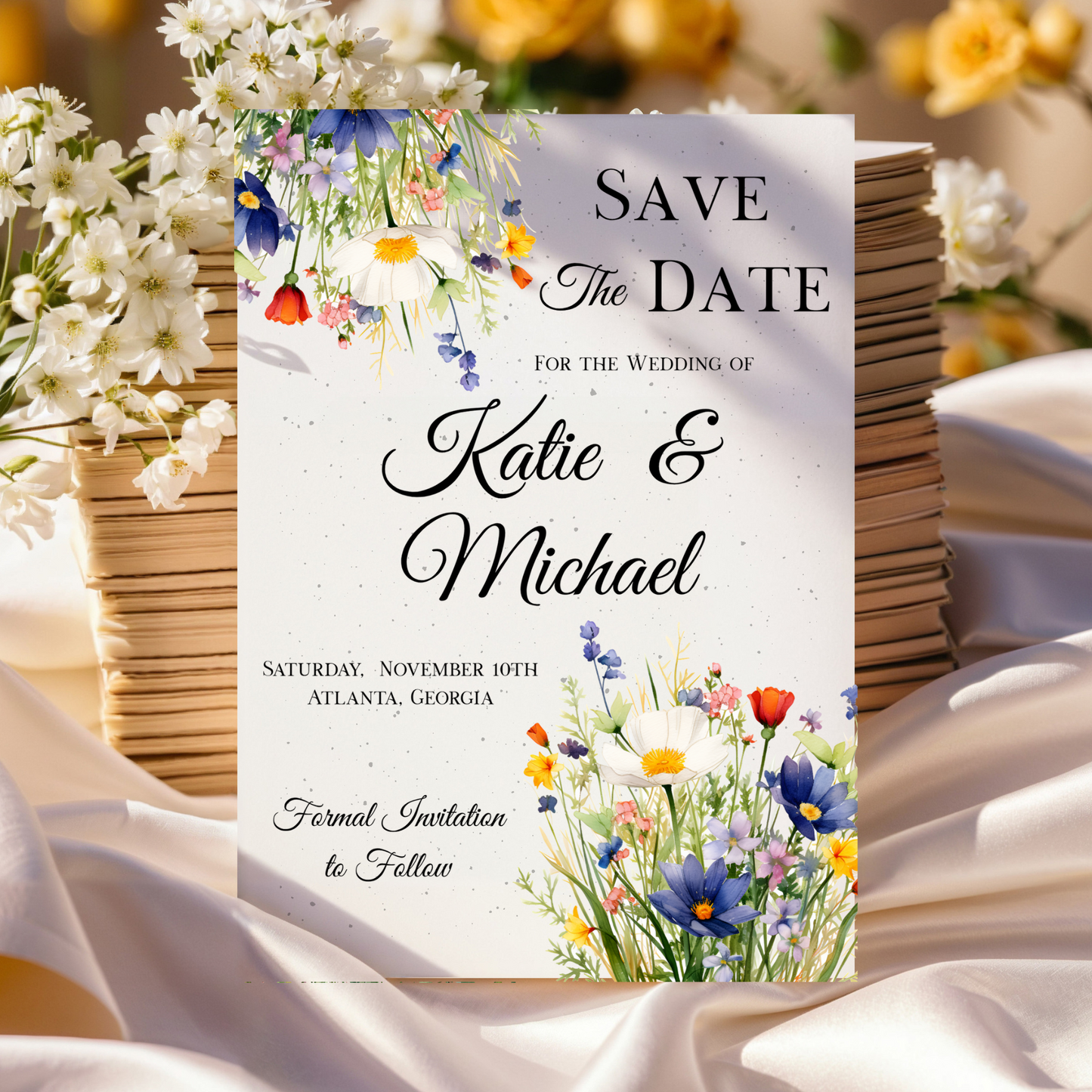 Floral Save the Date Cards on Plantable Wildflower Seed Paper – 6x4 Wedding Announcement