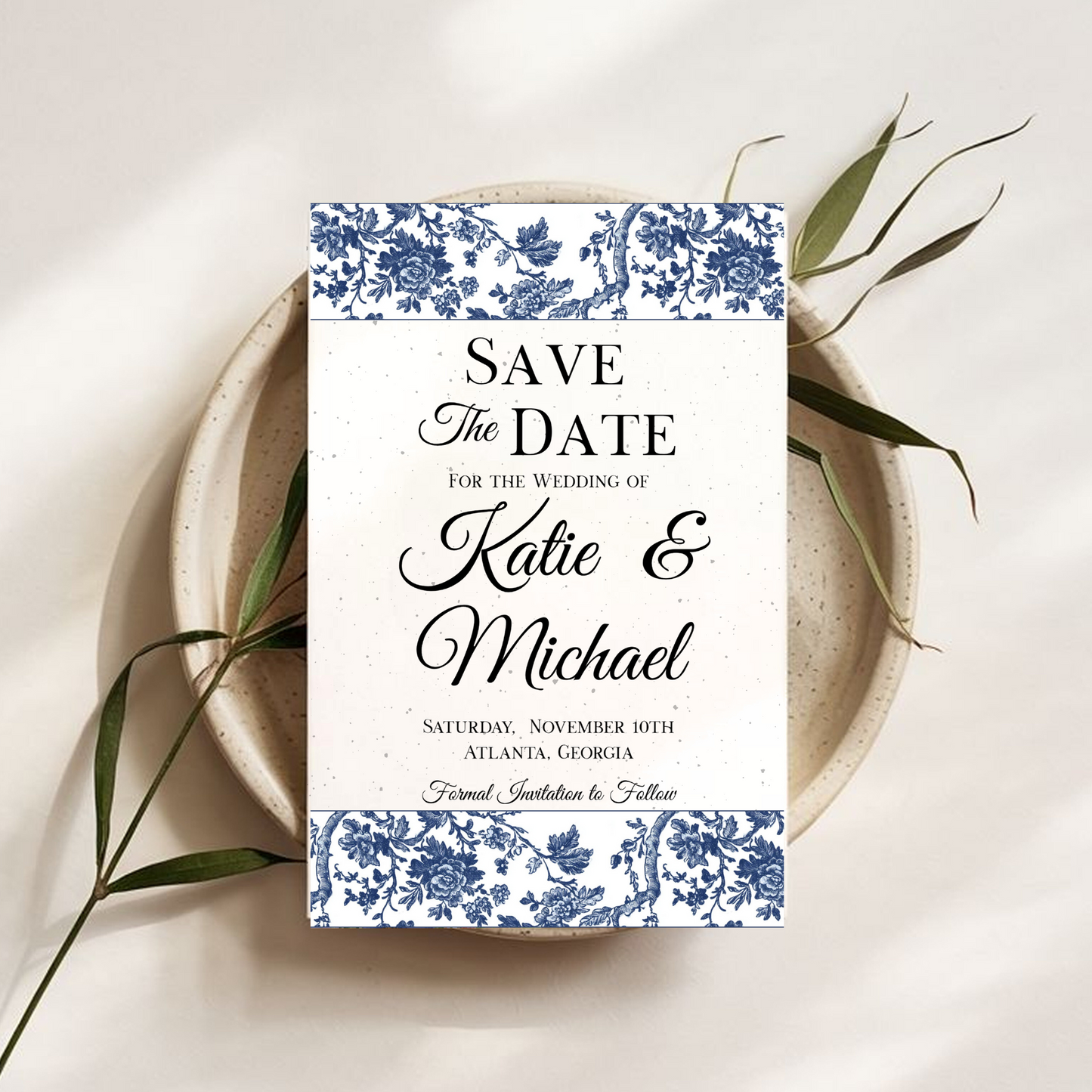 Blue Toile Seed Paper Save the Date – Elegant Plantable Wedding Cards (6x4")