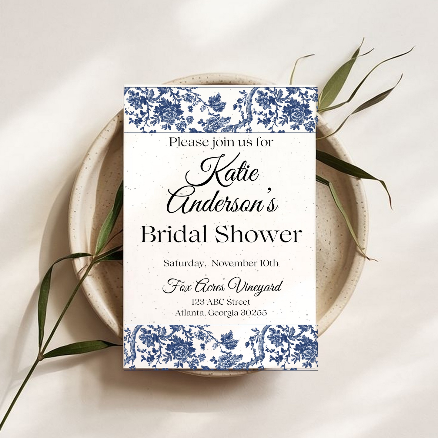 Timeless Elegance – Blue Toile Bridal Shower Invitation on Plantable Seed Paper (5x7")