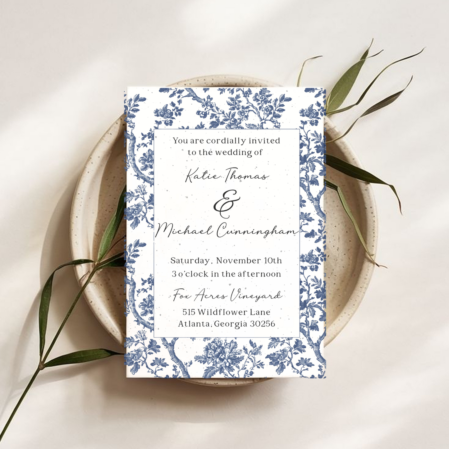Blue French Toile Plantable Wedding Invitations – 5x7" Floral Border Seed Paper with Wildflower Seeds & Envelopes – Sustainable Wedding Stationery