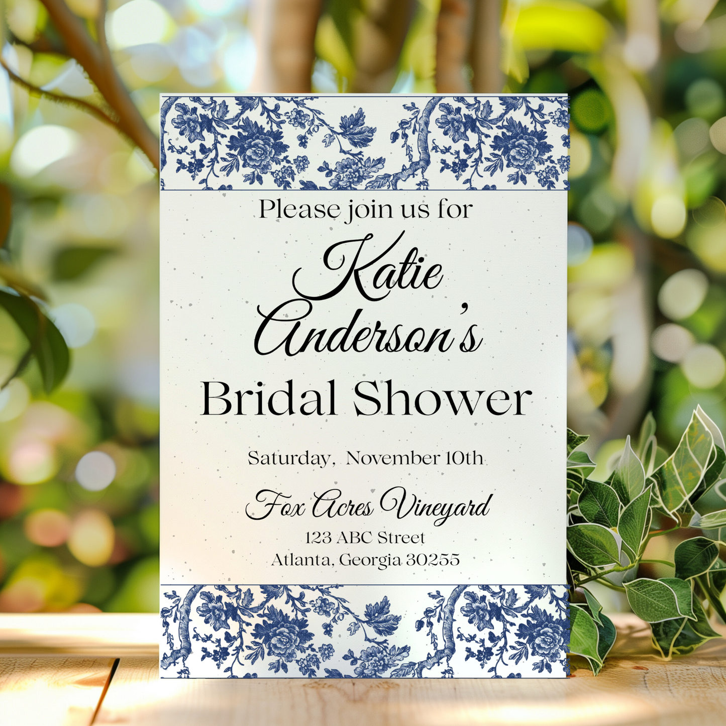 Timeless Elegance – Blue Toile Bridal Shower Invitation on Plantable Seed Paper (5x7")
