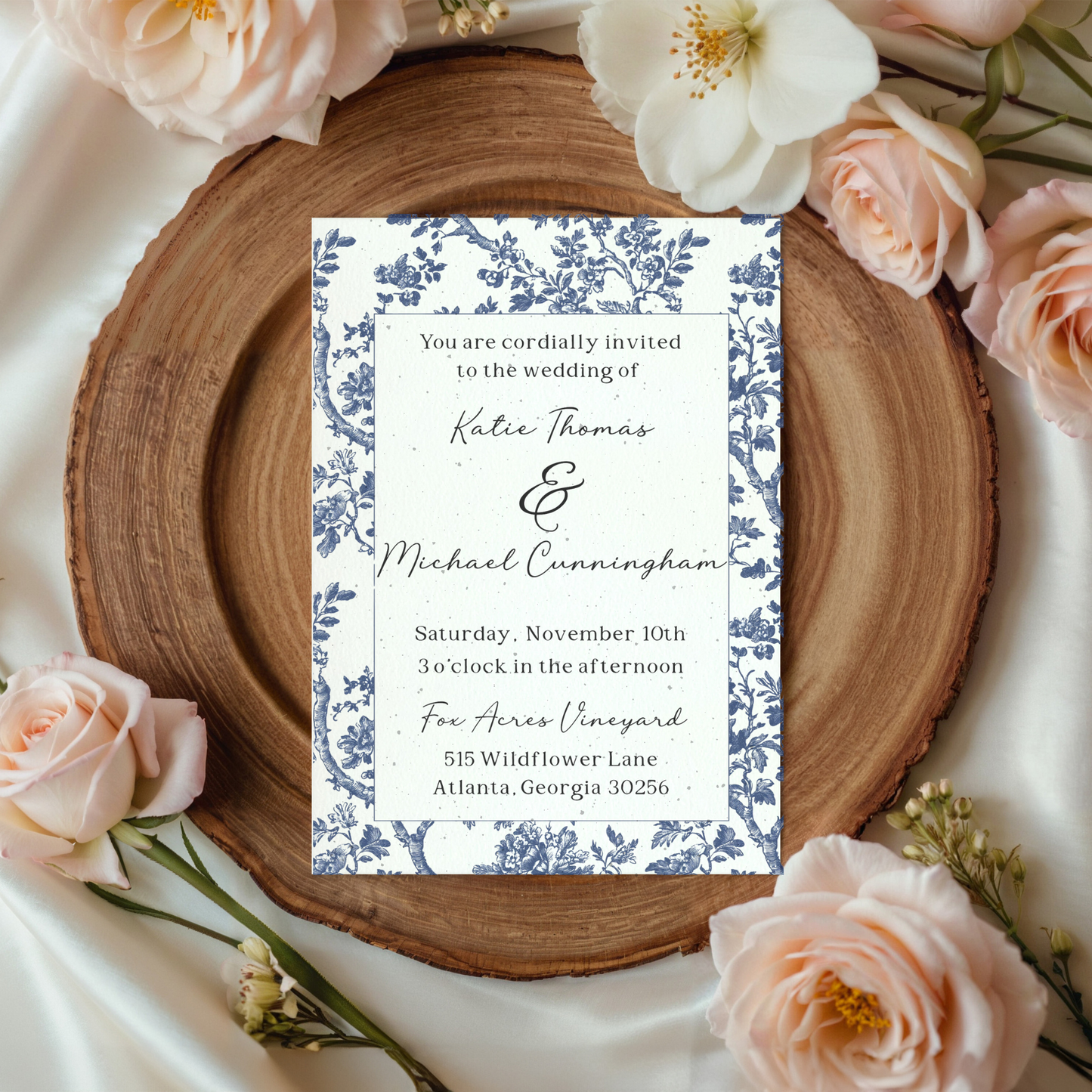 Blue French Toile Plantable Wedding Invitations – 5x7" Floral Border Seed Paper with Wildflower Seeds & Envelopes – Sustainable Wedding Stationery