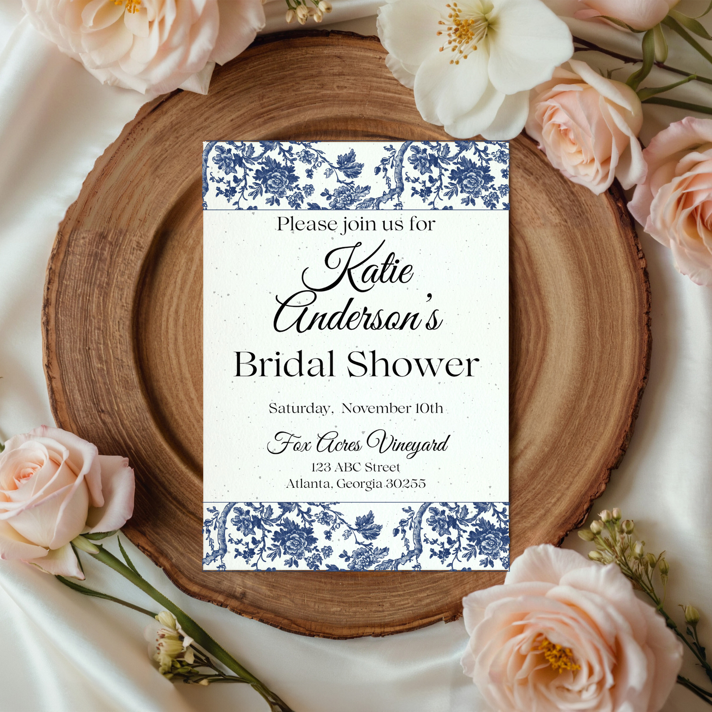 Timeless Elegance – Blue Toile Bridal Shower Invitation on Plantable Seed Paper (5x7")