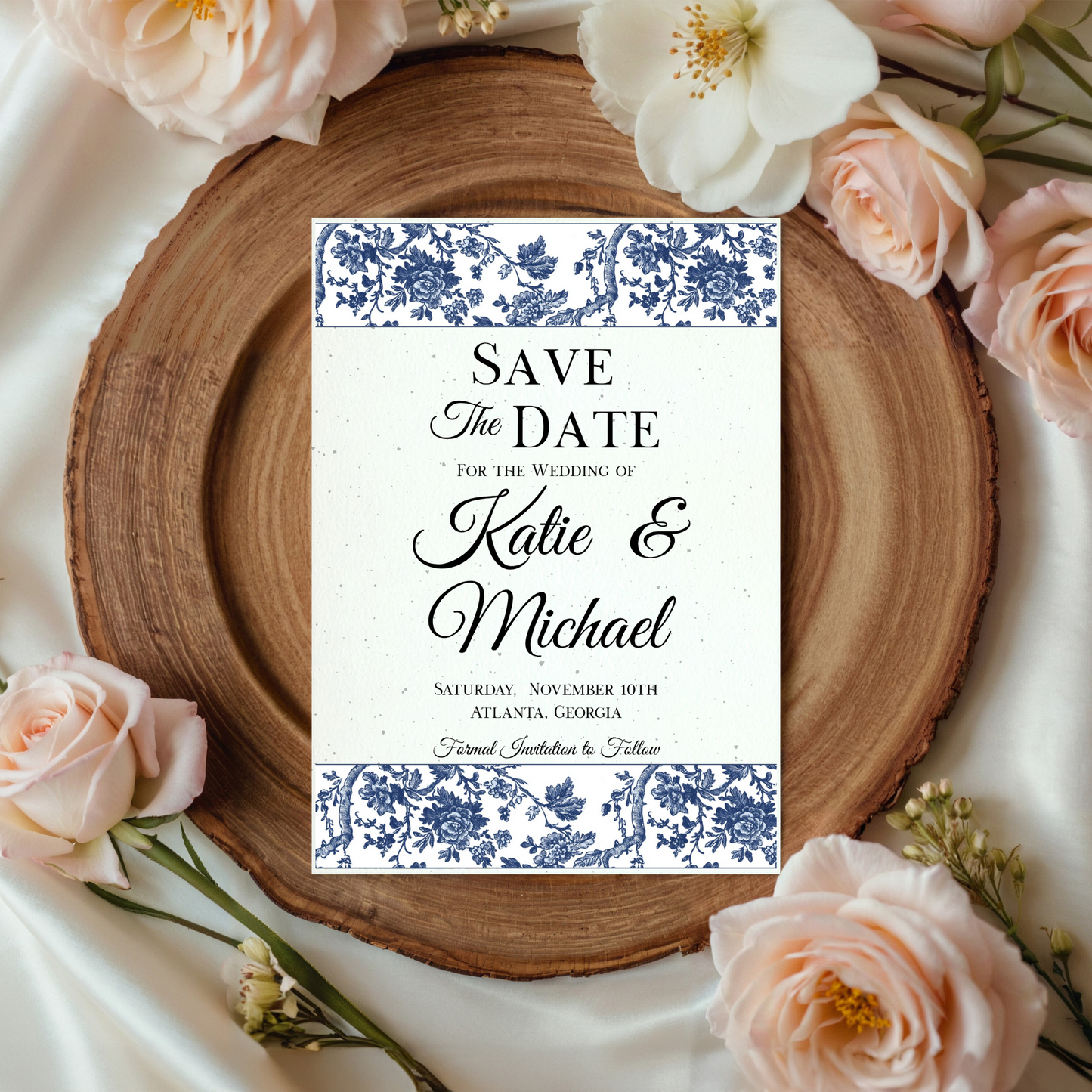 Blue Toile Seed Paper Save the Date – Elegant Plantable Wedding Cards (6x4")
